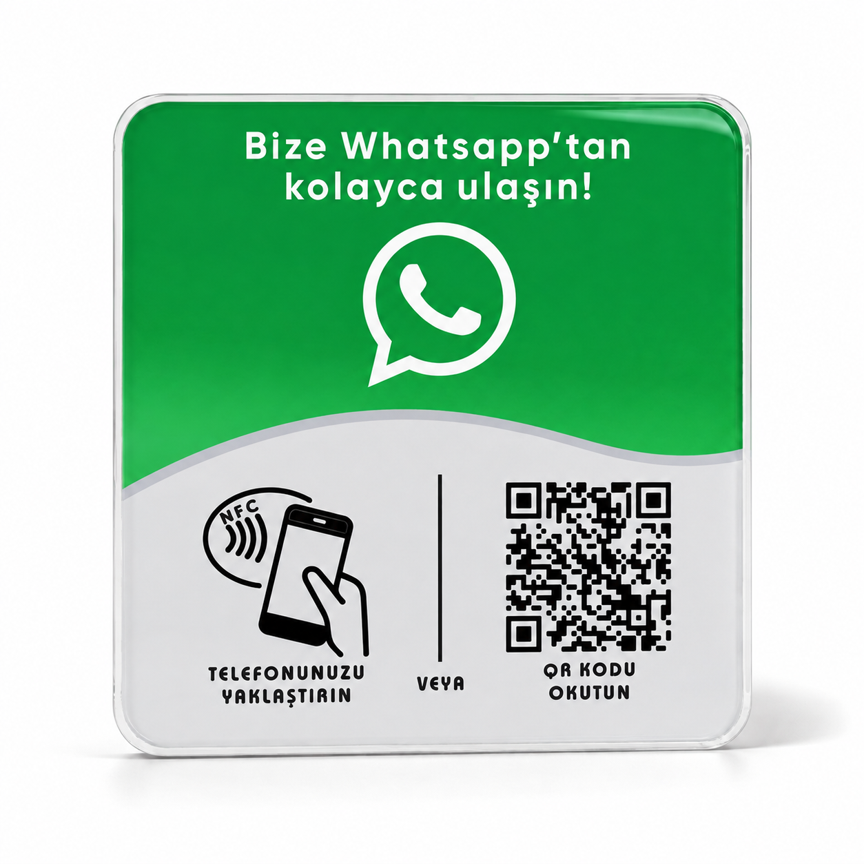 WhatsApp NFC & QR Pleksi Kart – Çift Taraflı Bantlı Yapışkanlı Model