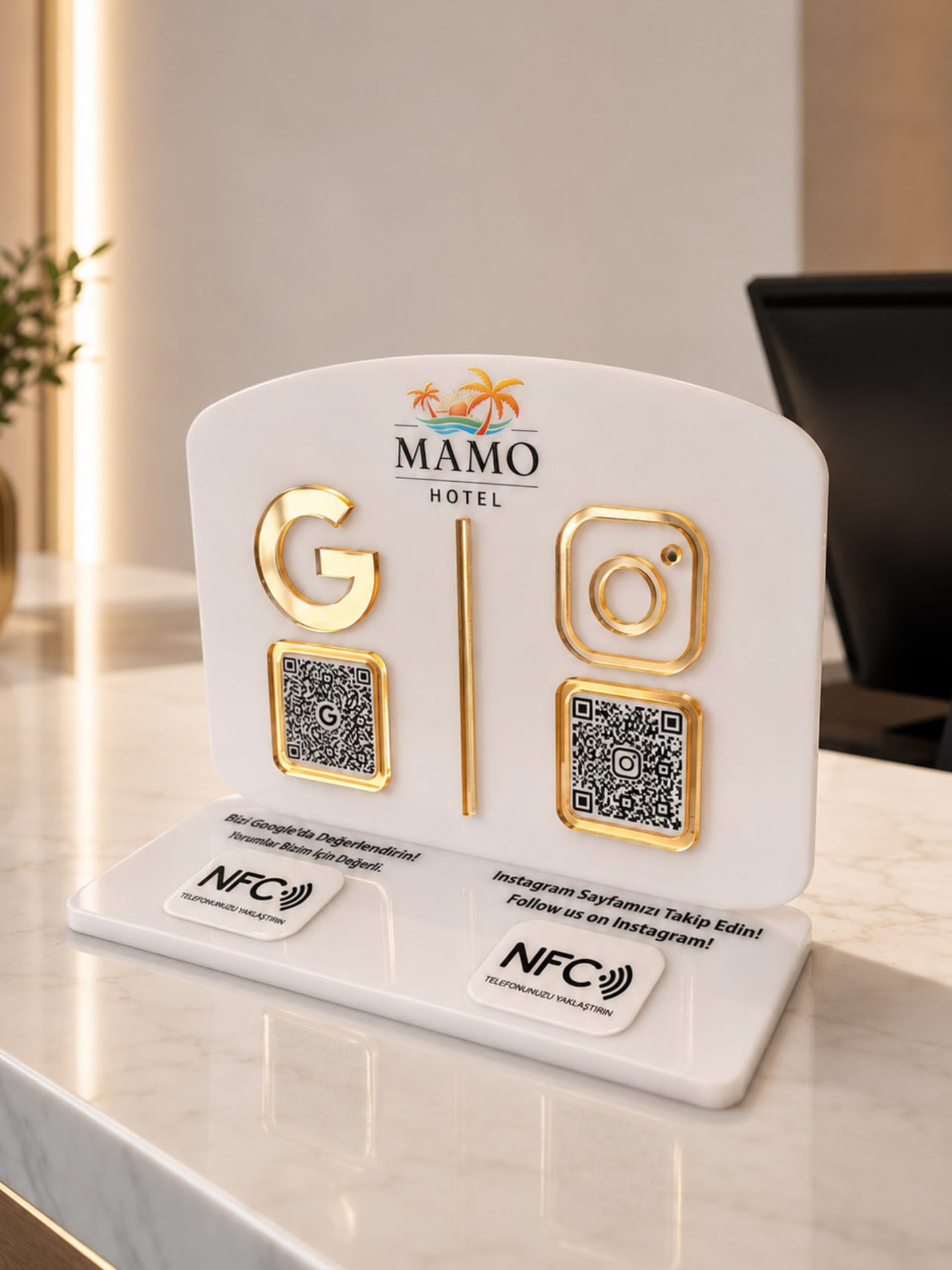 Çift QR & NFC Özellikli Pleksi Stant - Yatay Oval