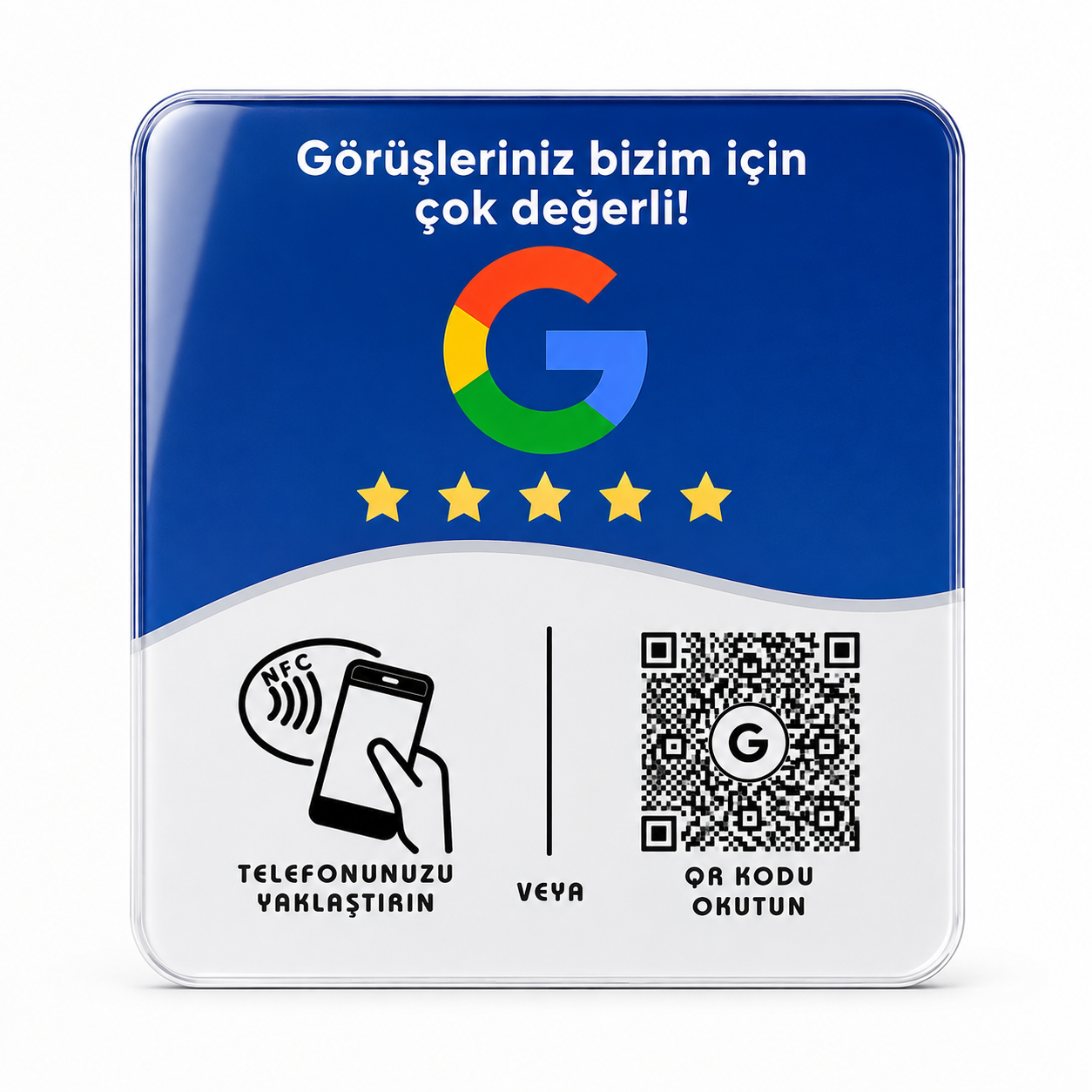 Google Yorum NFC & QR Pleksi Kart – Çift Taraflı Bantlı Yapışkanlı Model