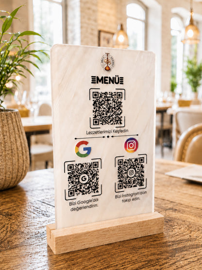 Ahşap Stantlı PlexiGlass Menü, Google Yorum, Instagram Takip Stantı