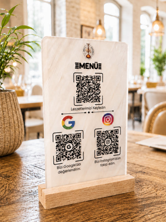Ahşap Stantlı PlexiGlass Menü, Google Yorum, Instagram Takip Stantı