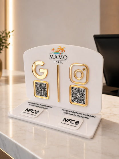 Çift QR & NFC Özellikli Pleksi Stant - Yatay Oval