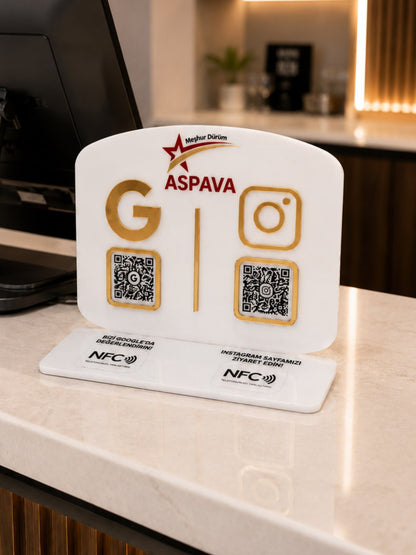 Çift QR & NFC Özellikli Pleksi Stant - Yatay Oval