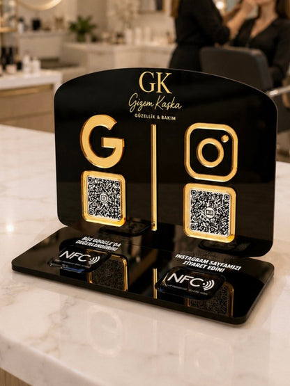 Çift QR & NFC Özellikli Pleksi Stant - Yatay Oval