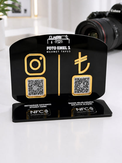 Çift QR & NFC Özellikli Pleksi Stant - Yatay Oval