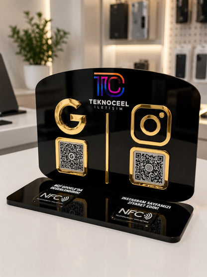 Çift QR & NFC Özellikli Pleksi Stant - Yatay Oval